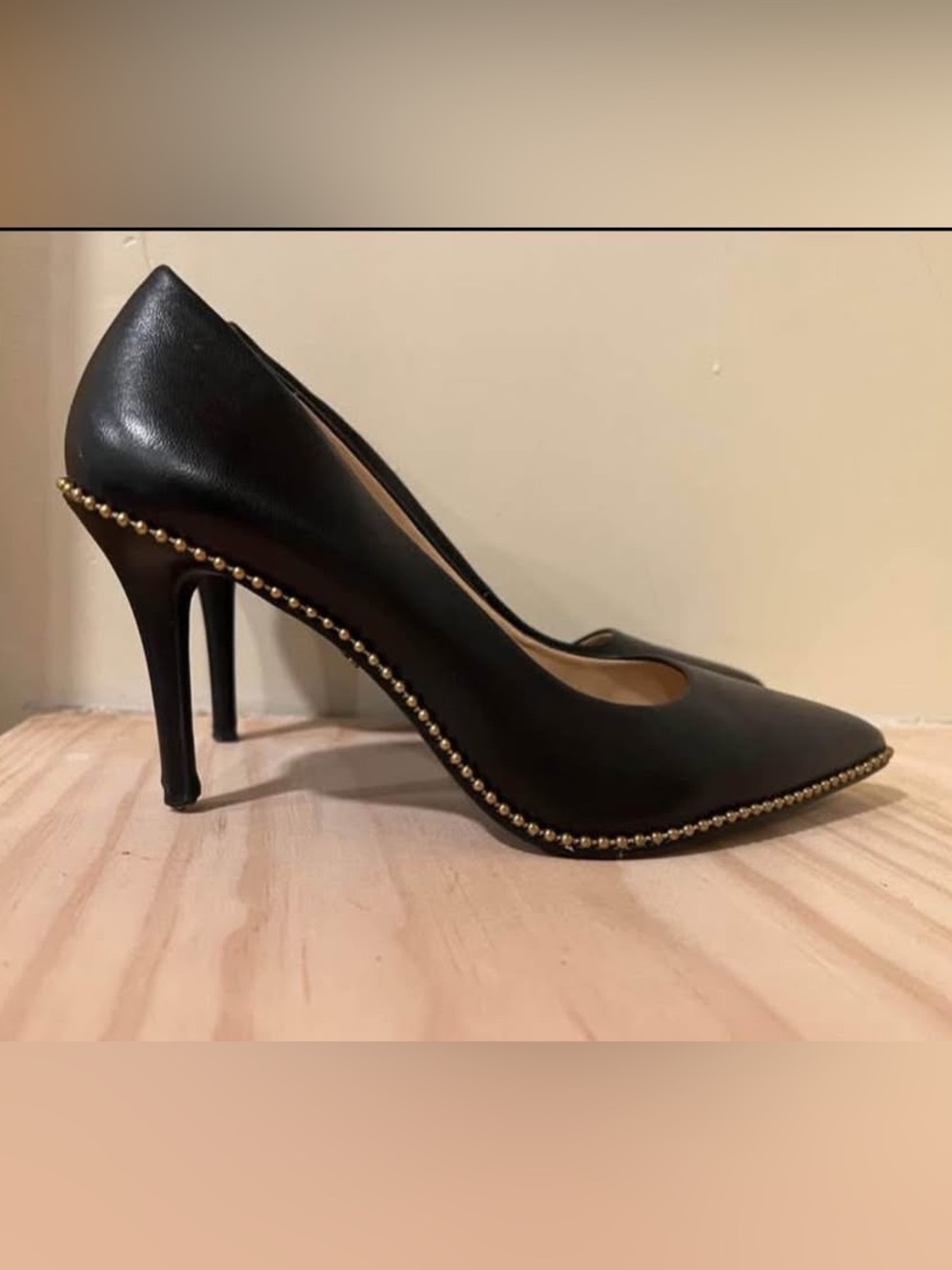 Coach Black Leather Pointed Toe Heels with Gold Stud Edge